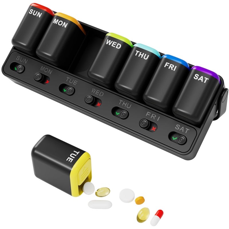 Restree Weekly Pill Organizer 7 Day one time a Day with Reminder Detachable Travel Pill Case Large Capacity Medicine Organizer for Vitamins Supplements Daily Medications Black